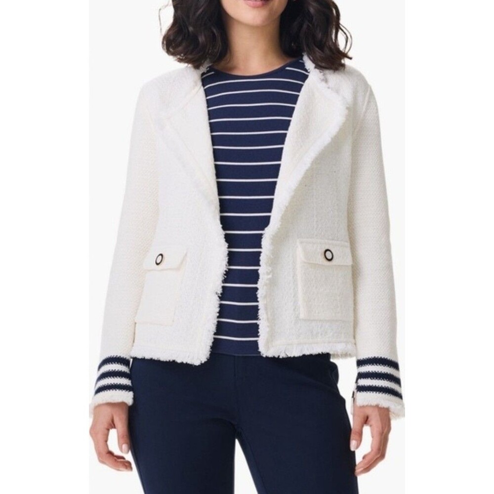 NIC+ZOE womens Ribbon Trim Fringe Knit   White Trim Blue Jacket Size 1X